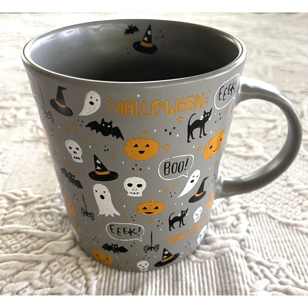 Austin & Ash Halloween Coffee Mug Boo EEEK Ghost Cats Witch Hats Spiders